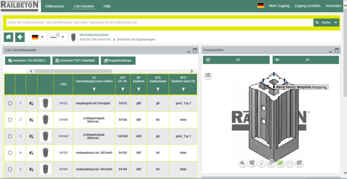RAILBETON catalog view of 3D BIM CAD models powered by CADENAS