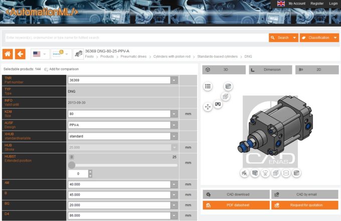 3D CAD model catalog of AutomationML powered by CADENAS