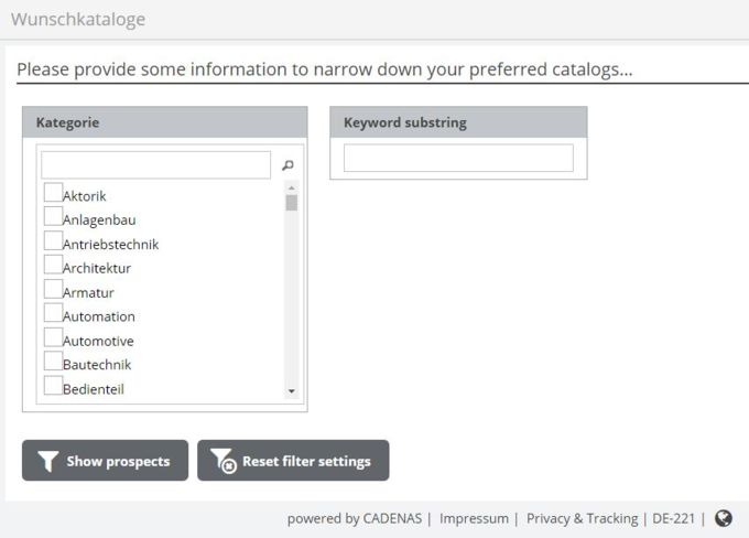 Hier haben Nutzer verschiedenen Kategorien zur Verfügung, unter denen sie einen entsprechenden Katalog auswählen oder per Keyword gezielt nach Hersteller und Komponente suchen.