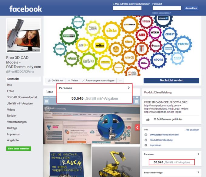 Bereits über 30 000 Nutzer folgen der Facebook Seite des 3D CAD Modelle Downloadportals PARTcommunity von CADENAS