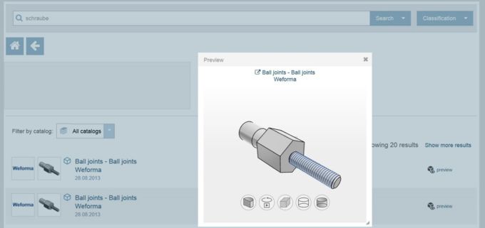 A 3D preview of CAD components in the results of geometrically similar parts