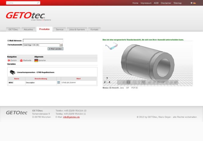 Webseite GETOtec with new Embedded Technology for 3D CAD Modells from CADENAS