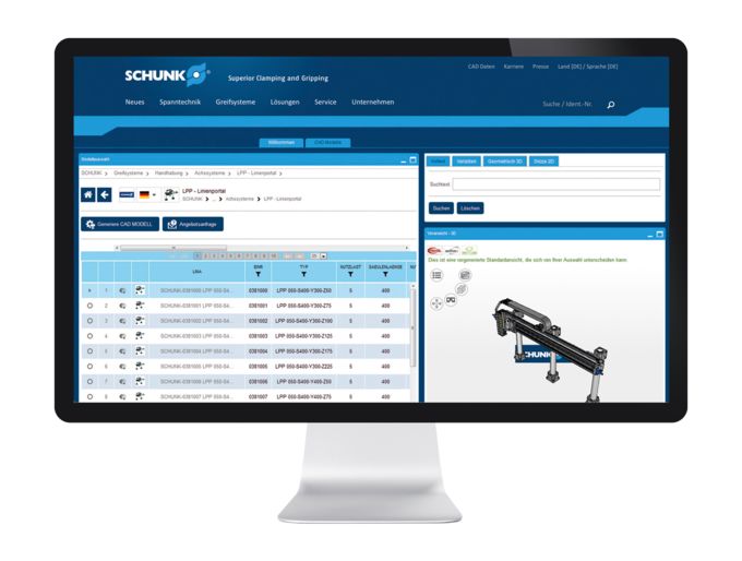 In the SCHUNK online configurator assembly automation, entire Pick & Place systems can be implemented, loaded as assemblies into the CAD program and parts lists generated as order references. All components are available as intelligent 3D-CAD models.