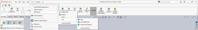 Screenshot of SOLIDWORKS with activated PARTS4CAD plugin