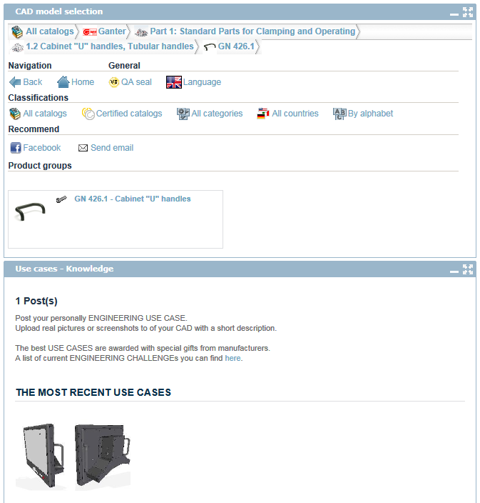 The CADENAS´ PARTcommunity portal makes knowledge directly available about part use when selecting parts by means of its „Use Cases“-column. 